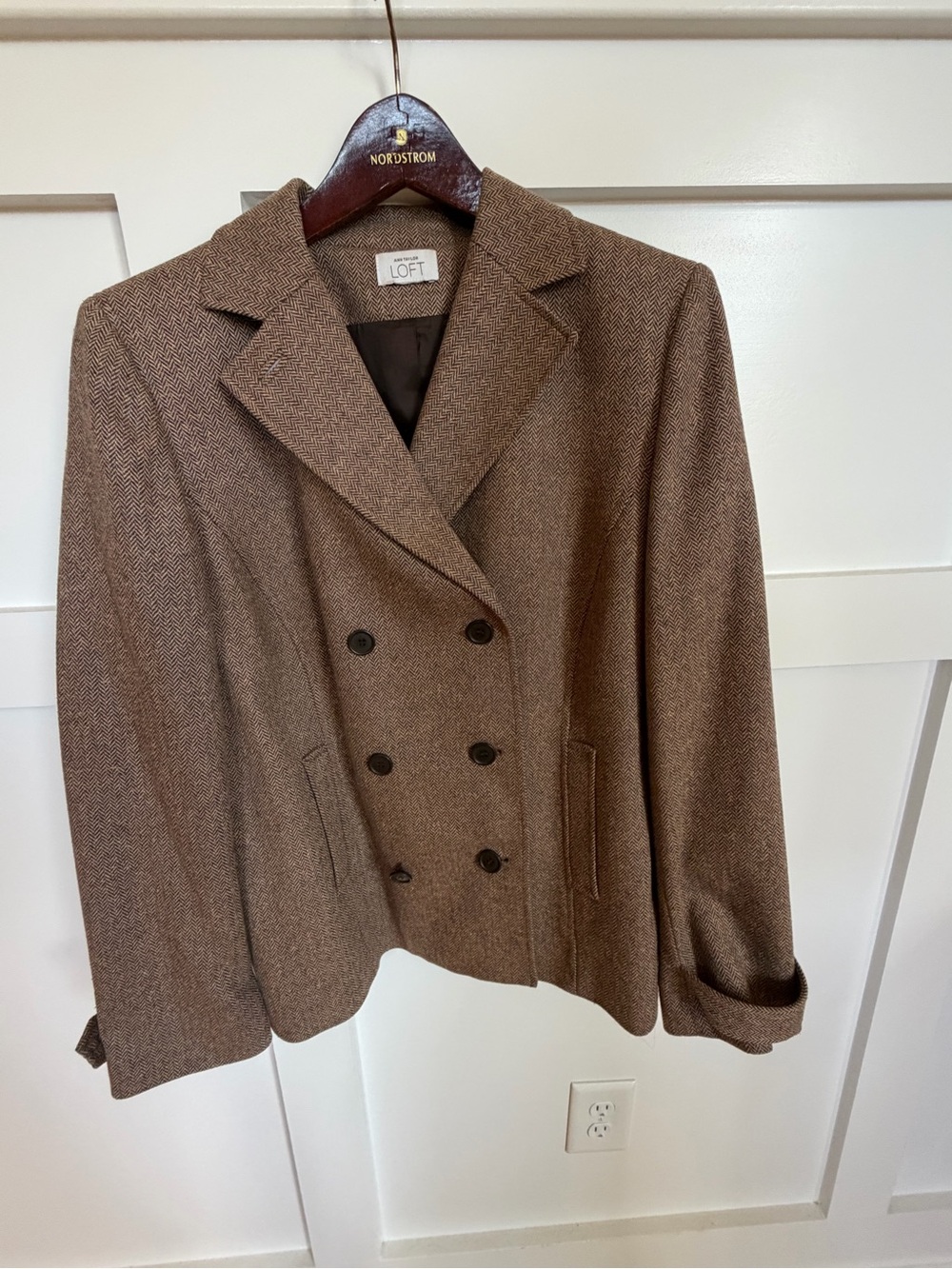 Ann Taylor Women's Double-Breasted Brown Herringbone Blazer